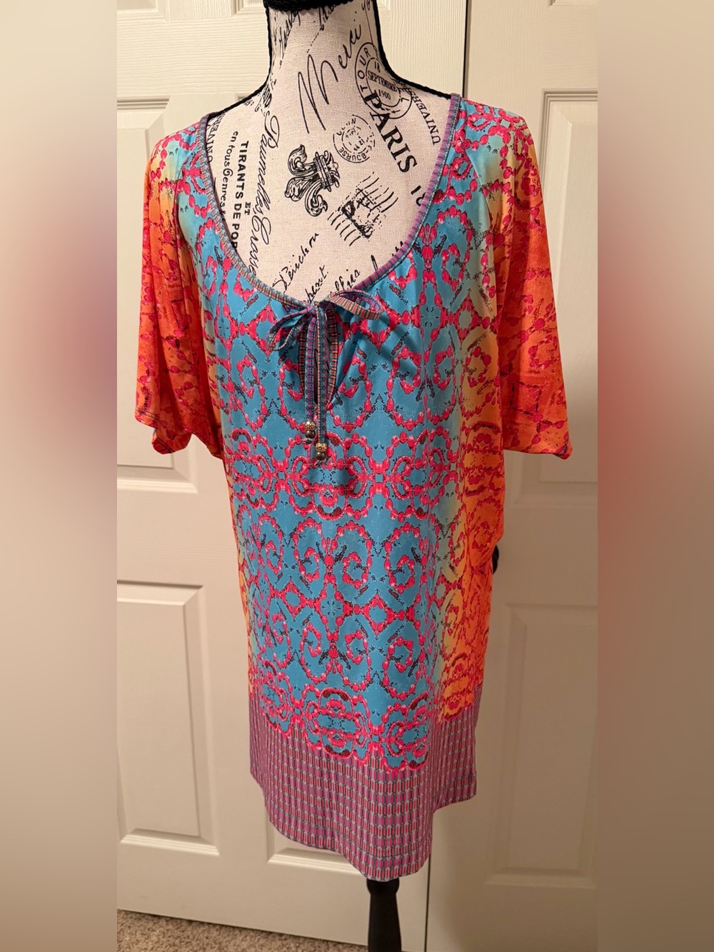Nanette Lepore Swim Cover-Up Bright Blue & Orange Boho Tie-Neck Beaded